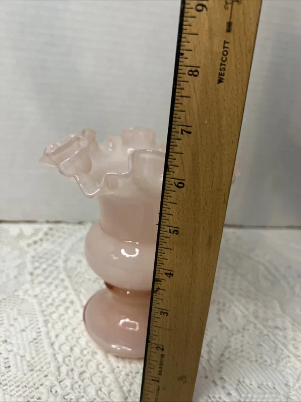 Fenton Glass Pink Melon Overlay Vase Ruffle Top 6.25